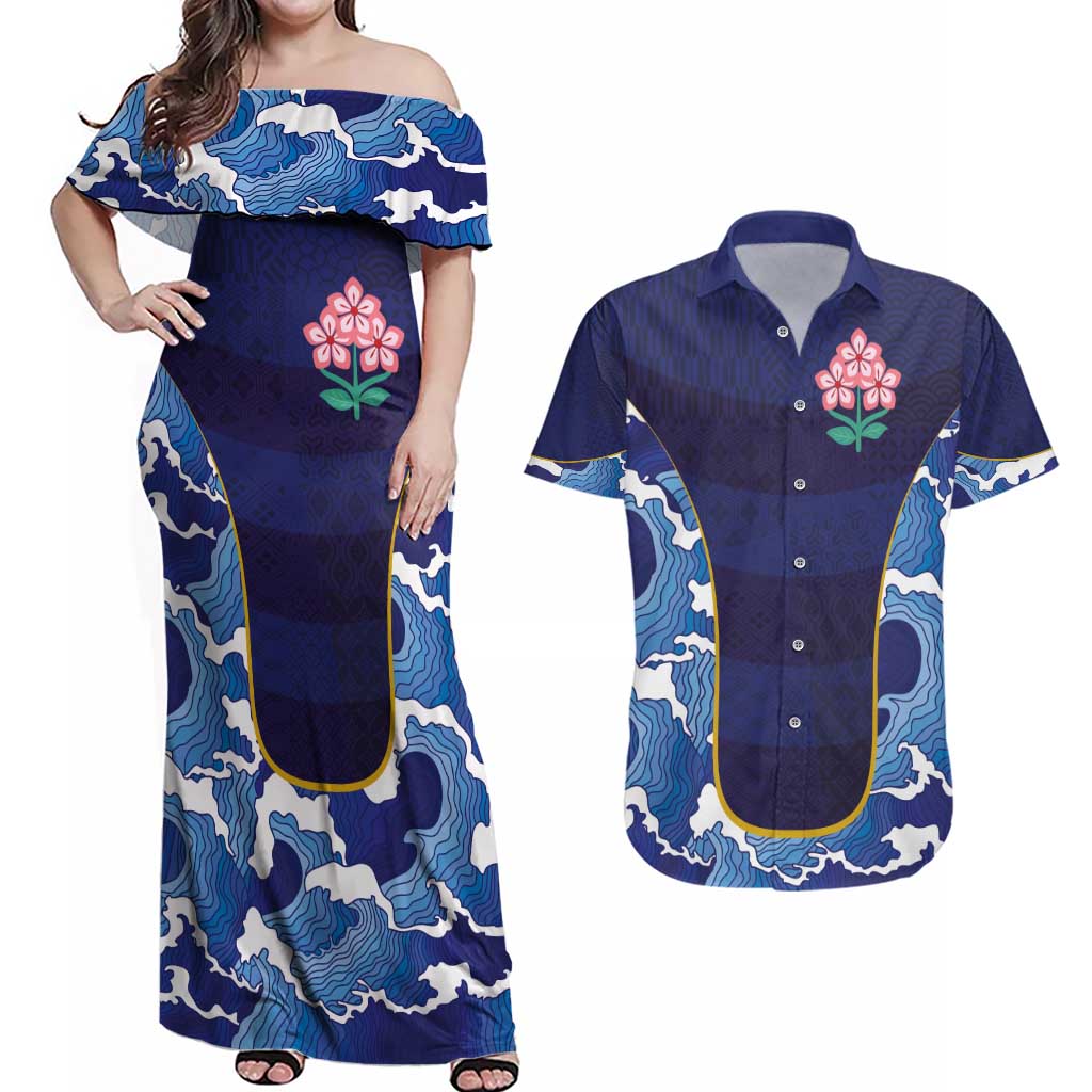 Custom Japan Pacific Rugby 2024 Couples Matching Off Shoulder Maxi Dress and Hawaiian Shirt Japanese Traditional Pattern and Sea Waves - Wonder Print Shop