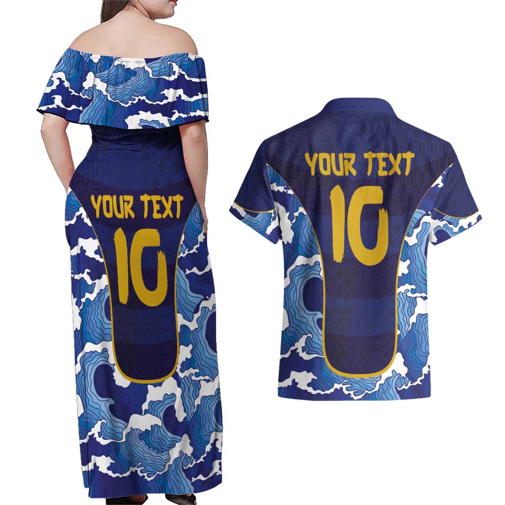 Custom Japan Pacific Rugby 2024 Couples Matching Off Shoulder Maxi Dress and Hawaiian Shirt Japanese Traditional Pattern and Sea Waves - Wonder Print Shop