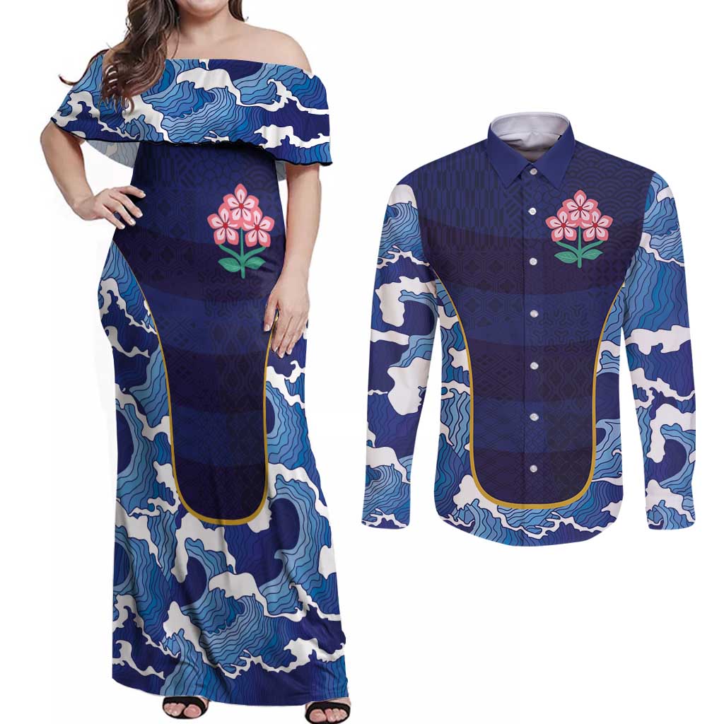 Custom Japan Pacific Rugby 2024 Couples Matching Off Shoulder Maxi Dress and Long Sleeve Button Shirt Japanese Traditional Pattern and Sea Waves - Wonder Print Shop