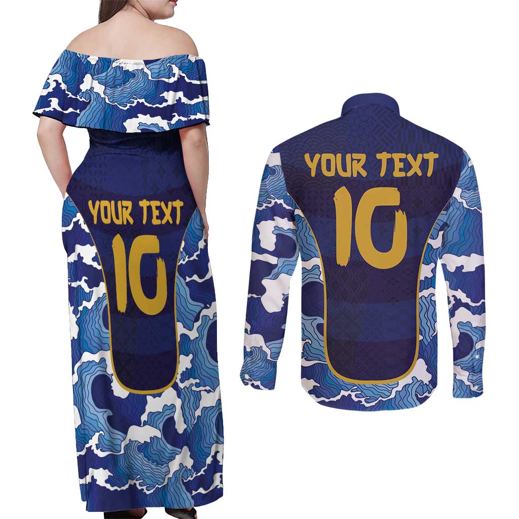 Custom Japan Pacific Rugby 2024 Couples Matching Off Shoulder Maxi Dress and Long Sleeve Button Shirt Japanese Traditional Pattern and Sea Waves - Wonder Print Shop