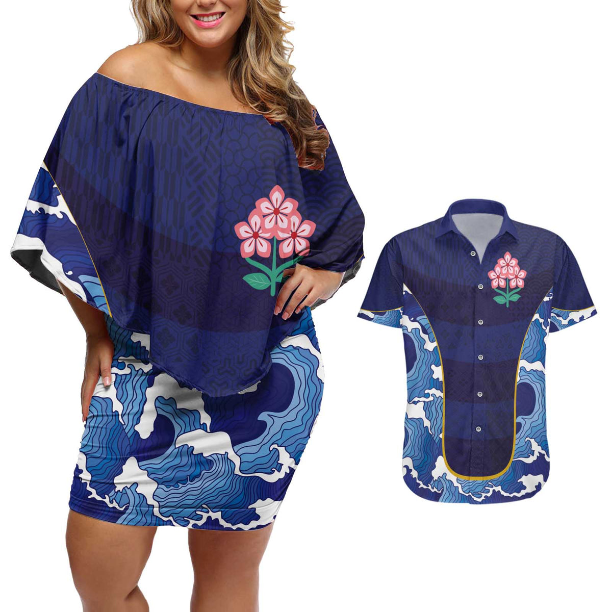 Custom Japan Pacific Rugby 2024 Couples Matching Off Shoulder Short Dress and Hawaiian Shirt Japanese Traditional Pattern and Sea Waves - Wonder Print Shop