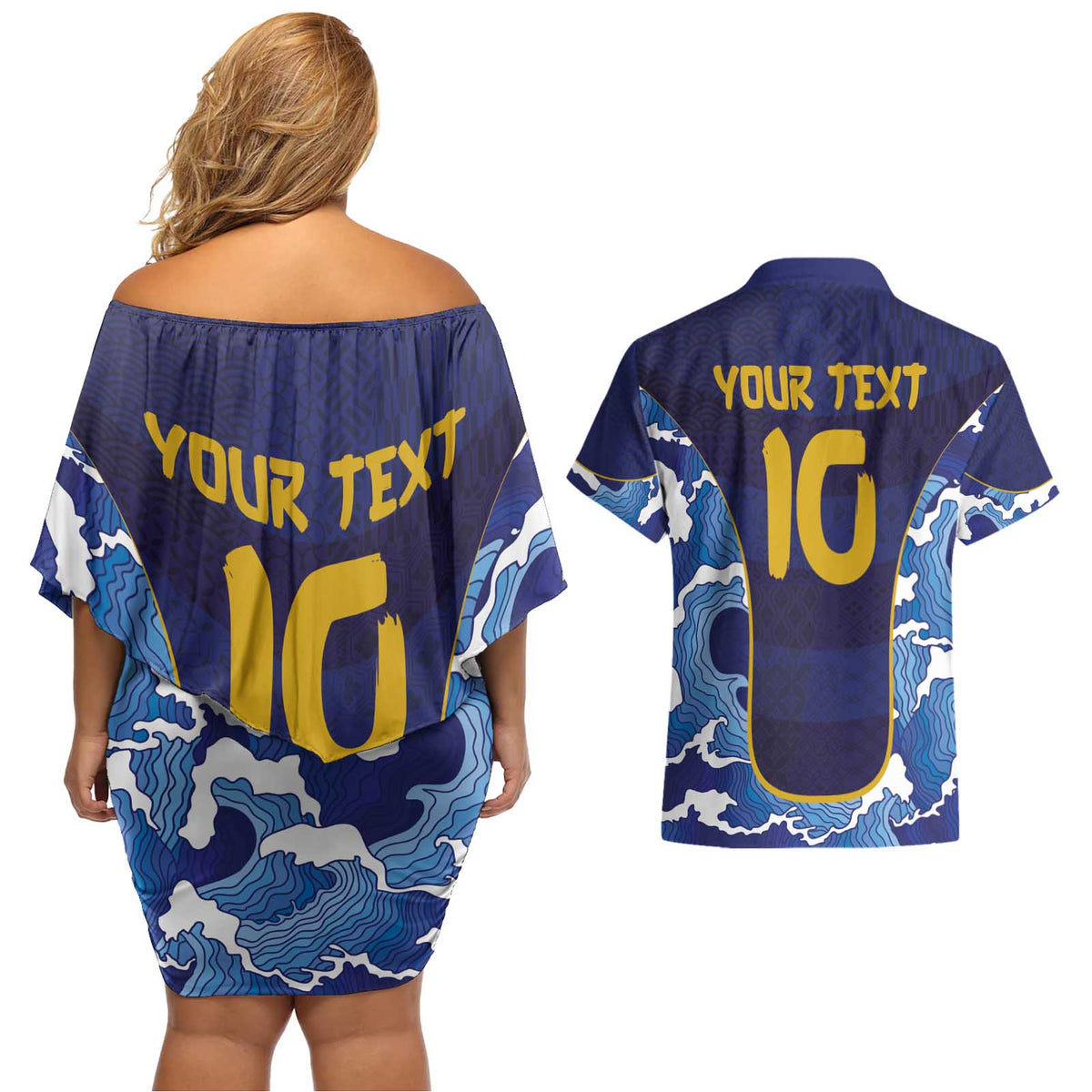 Custom Japan Pacific Rugby 2024 Couples Matching Off Shoulder Short Dress and Hawaiian Shirt Japanese Traditional Pattern and Sea Waves - Wonder Print Shop