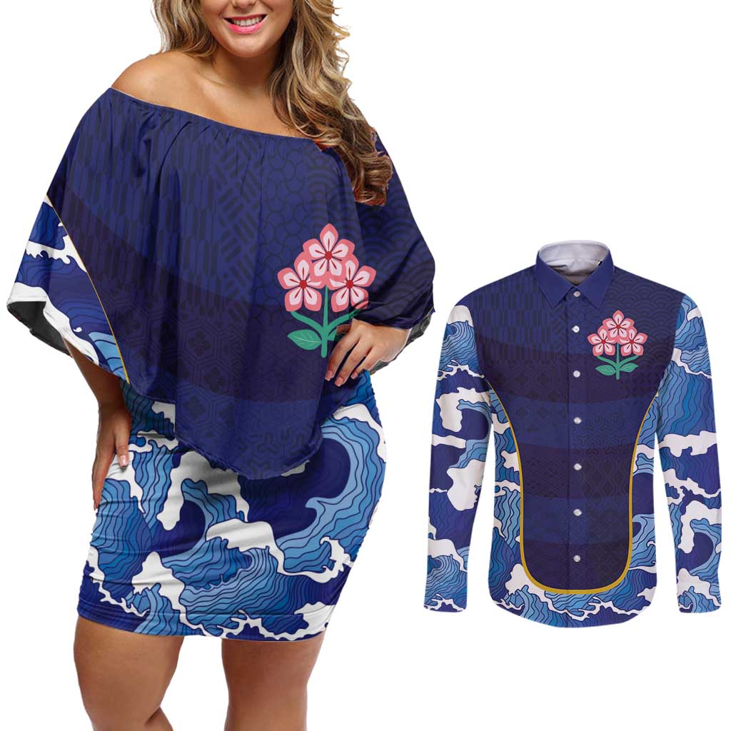 Custom Japan Pacific Rugby 2024 Couples Matching Off Shoulder Short Dress and Long Sleeve Button Shirt Japanese Traditional Pattern and Sea Waves - Wonder Print Shop