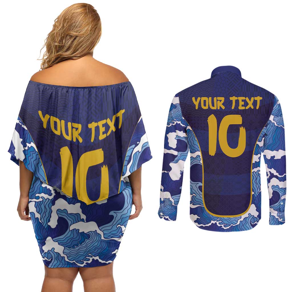 Custom Japan Pacific Rugby 2024 Couples Matching Off Shoulder Short Dress and Long Sleeve Button Shirt Japanese Traditional Pattern and Sea Waves - Wonder Print Shop