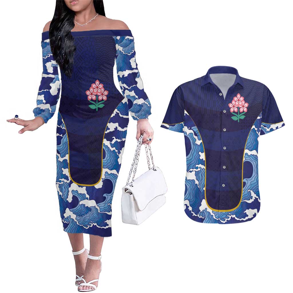 Custom Japan Pacific Rugby 2024 Couples Matching Off The Shoulder Long Sleeve Dress and Hawaiian Shirt Japanese Traditional Pattern and Sea Waves - Wonder Print Shop