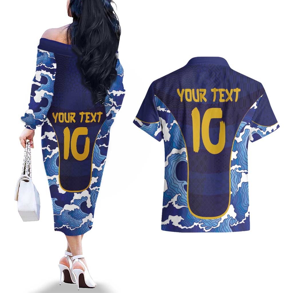 Custom Japan Pacific Rugby 2024 Couples Matching Off The Shoulder Long Sleeve Dress and Hawaiian Shirt Japanese Traditional Pattern and Sea Waves - Wonder Print Shop