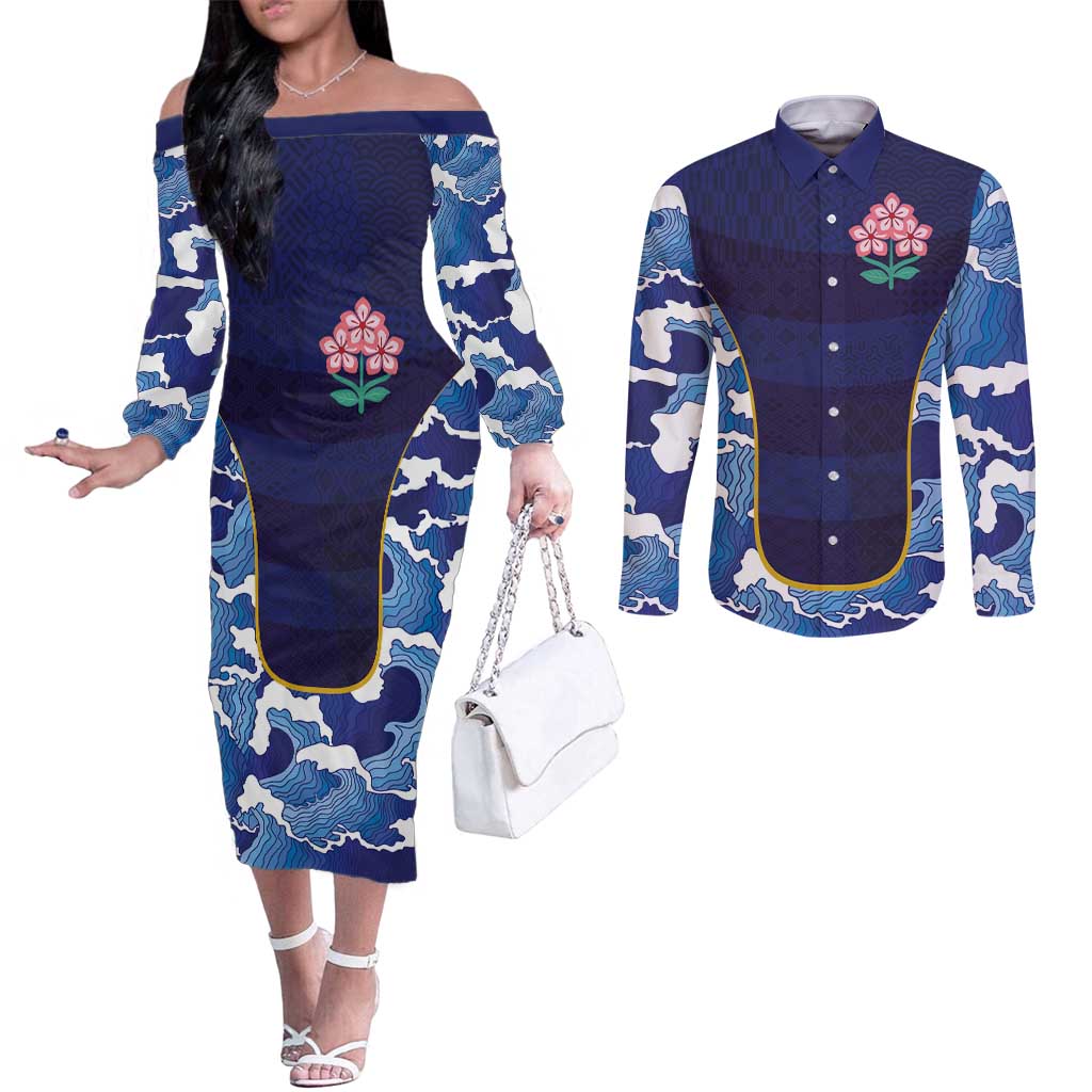 Custom Japan Pacific Rugby 2024 Couples Matching Off The Shoulder Long Sleeve Dress and Long Sleeve Button Shirt Japanese Traditional Pattern and Sea Waves