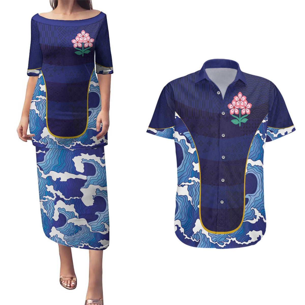 Custom Japan Pacific Rugby 2024 Couples Matching Puletasi and Hawaiian Shirt Japanese Traditional Pattern and Sea Waves - Wonder Print Shop