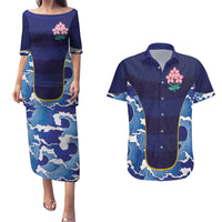 Custom Japan Pacific Rugby 2024 Couples Matching Puletasi and Hawaiian Shirt Japanese Traditional Pattern and Sea Waves - Wonder Print Shop