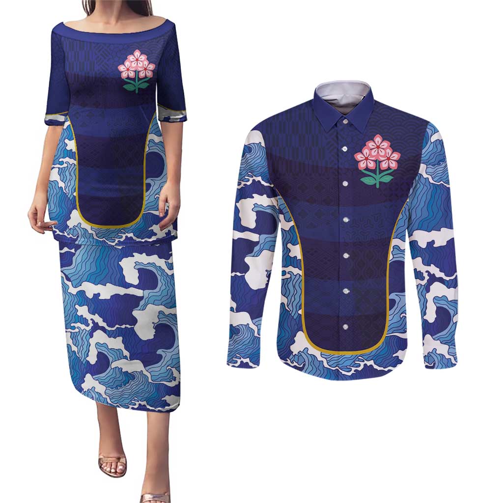 Custom Japan Pacific Rugby 2024 Couples Matching Puletasi and Long Sleeve Button Shirt Japanese Traditional Pattern and Sea Waves - Wonder Print Shop