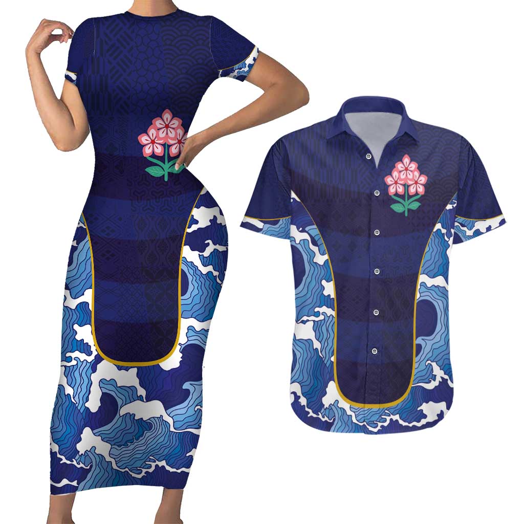 Custom Japan Pacific Rugby 2024 Couples Matching Short Sleeve Bodycon Dress and Hawaiian Shirt Japanese Traditional Pattern and Sea Waves - Wonder Print Shop