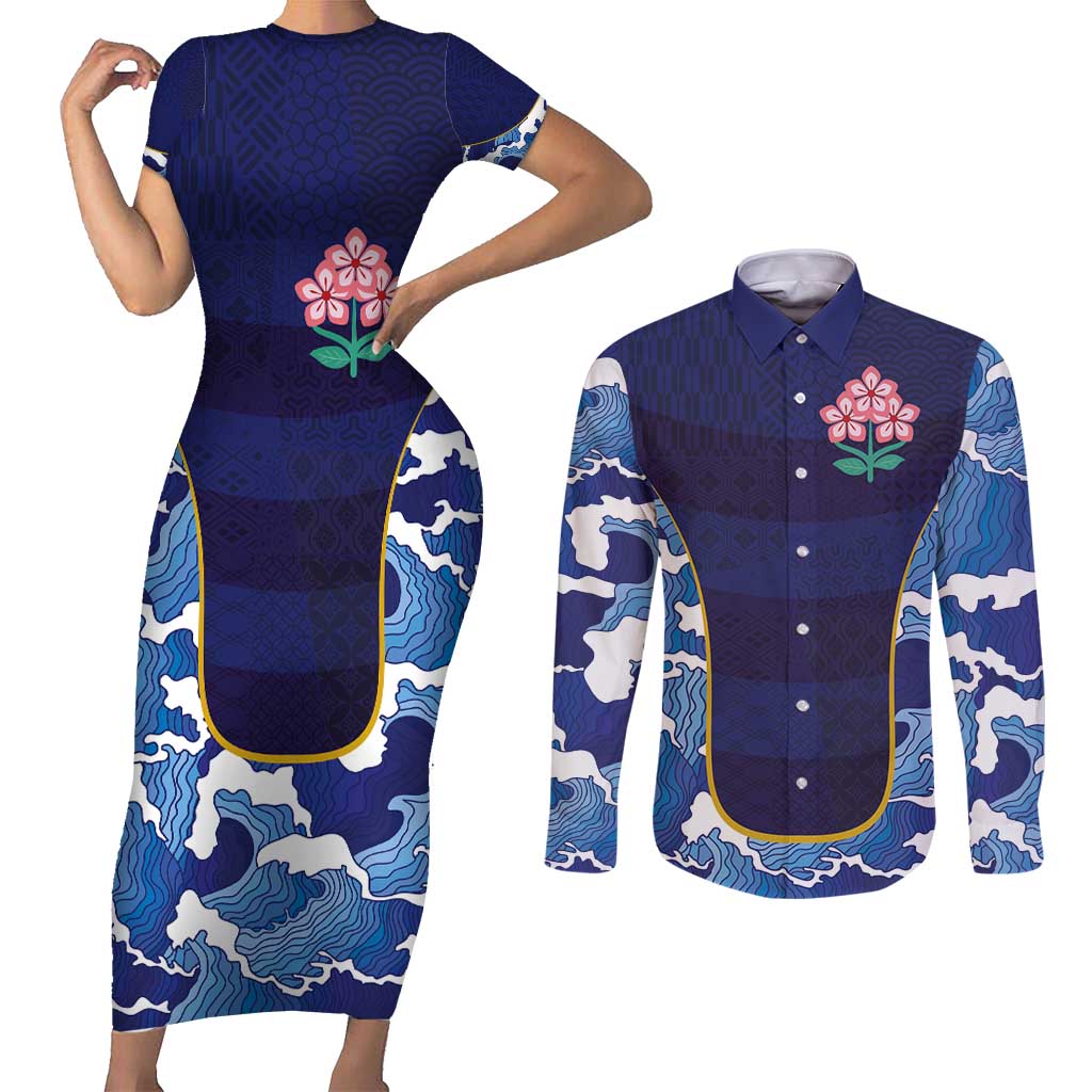 Custom Japan Pacific Rugby 2024 Couples Matching Short Sleeve Bodycon Dress and Long Sleeve Button Shirt Japanese Traditional Pattern and Sea Waves - Wonder Print Shop