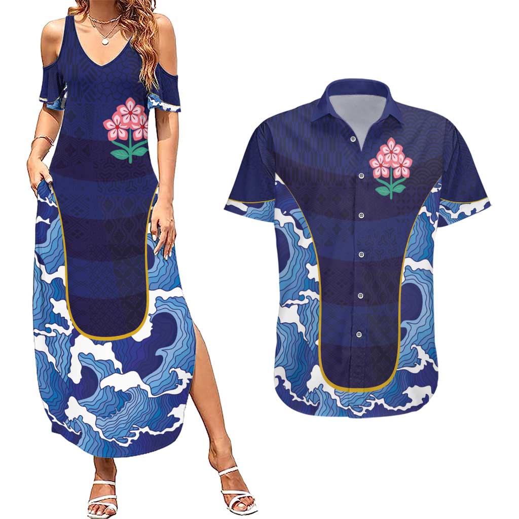 Custom Japan Pacific Rugby 2024 Couples Matching Summer Maxi Dress and Hawaiian Shirt Japanese Traditional Pattern and Sea Waves - Wonder Print Shop