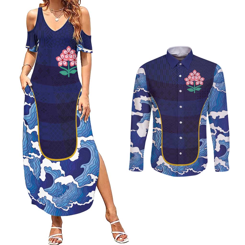 Custom Japan Pacific Rugby 2024 Couples Matching Summer Maxi Dress and Long Sleeve Button Shirt Japanese Traditional Pattern and Sea Waves - Wonder Print Shop