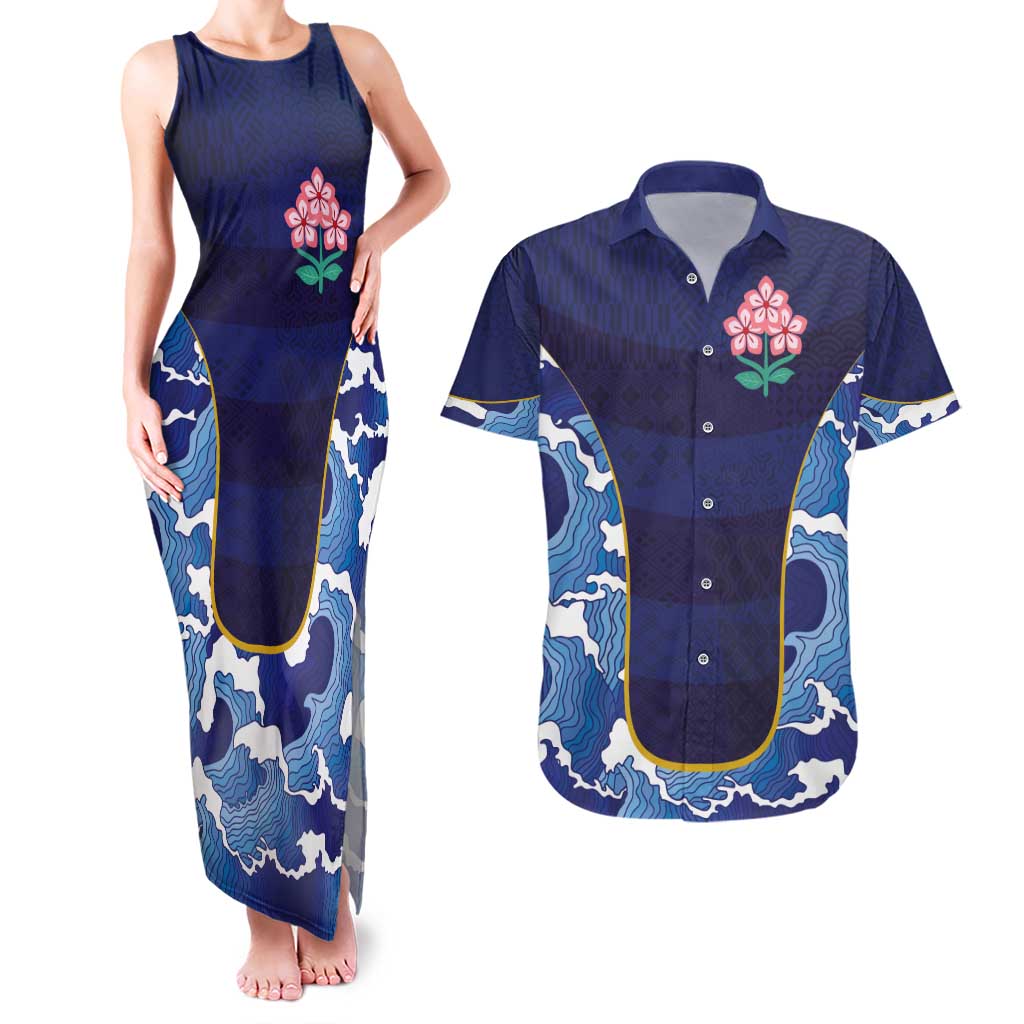 Custom Japan Pacific Rugby 2024 Couples Matching Tank Maxi Dress and Hawaiian Shirt Japanese Traditional Pattern and Sea Waves - Wonder Print Shop