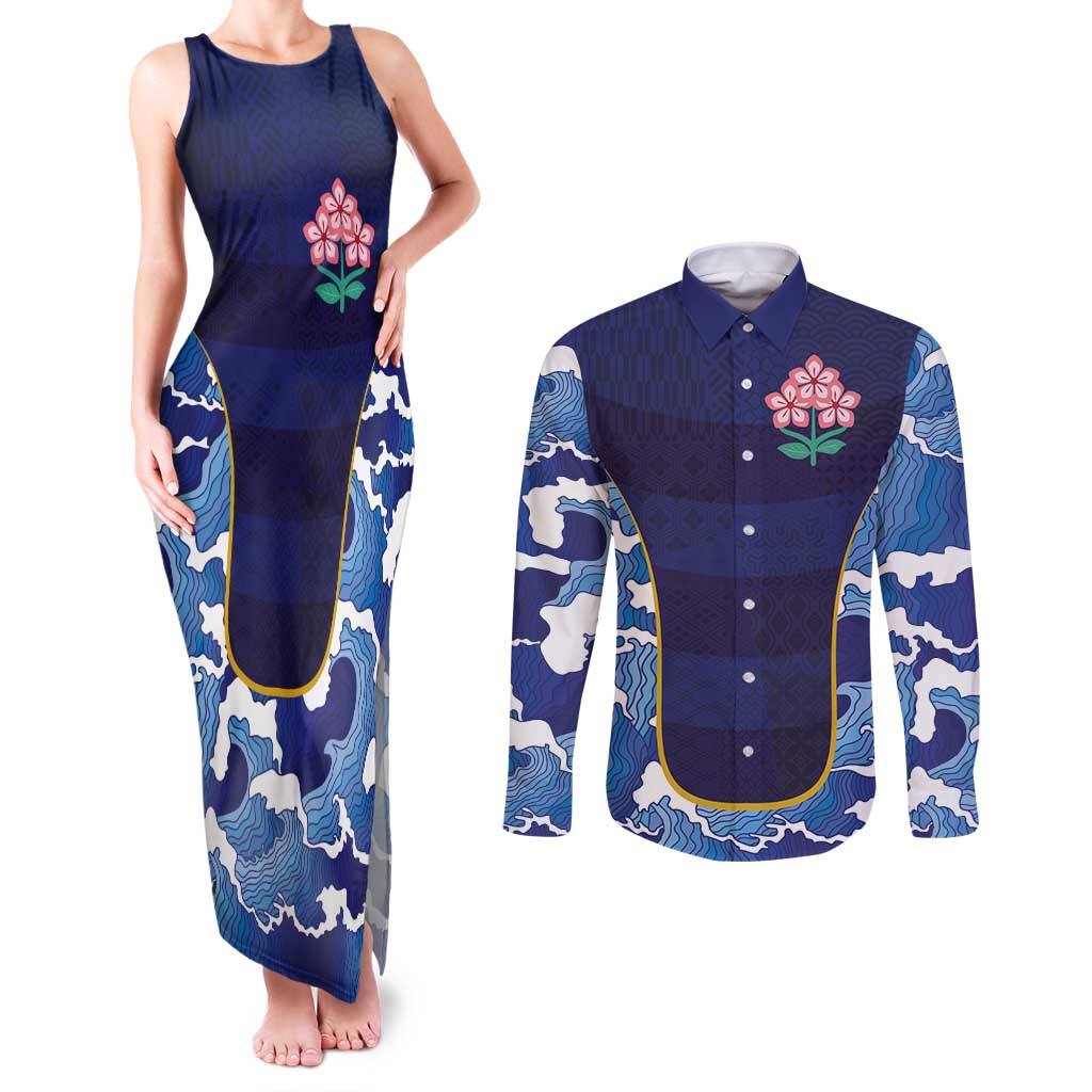 Custom Japan Pacific Rugby 2024 Couples Matching Tank Maxi Dress and Long Sleeve Button Shirt Japanese Traditional Pattern and Sea Waves - Wonder Print Shop