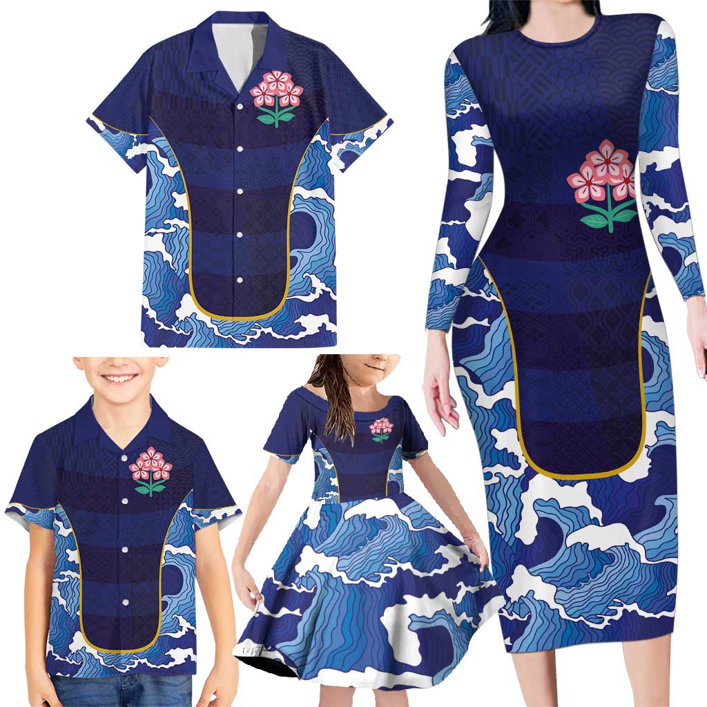 Custom Japan Pacific Rugby 2024 Family Matching Long Sleeve Bodycon Dress and Hawaiian Shirt Japanese Traditional Pattern and Sea Waves - Wonder Print Shop