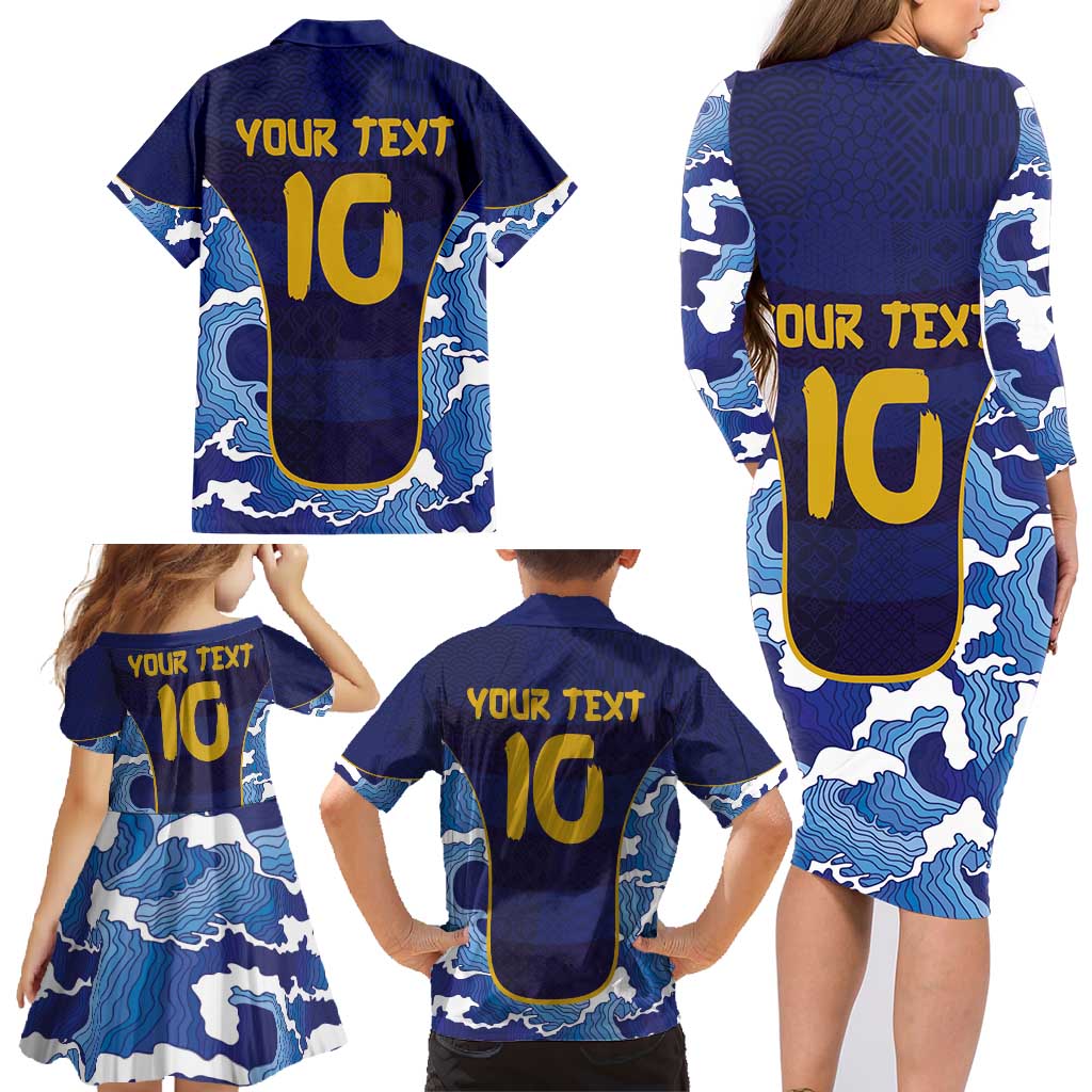Custom Japan Pacific Rugby 2024 Family Matching Long Sleeve Bodycon Dress and Hawaiian Shirt Japanese Traditional Pattern and Sea Waves - Wonder Print Shop