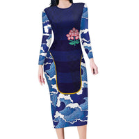 Custom Japan Pacific Rugby 2024 Family Matching Long Sleeve Bodycon Dress and Hawaiian Shirt Japanese Traditional Pattern and Sea Waves - Wonder Print Shop