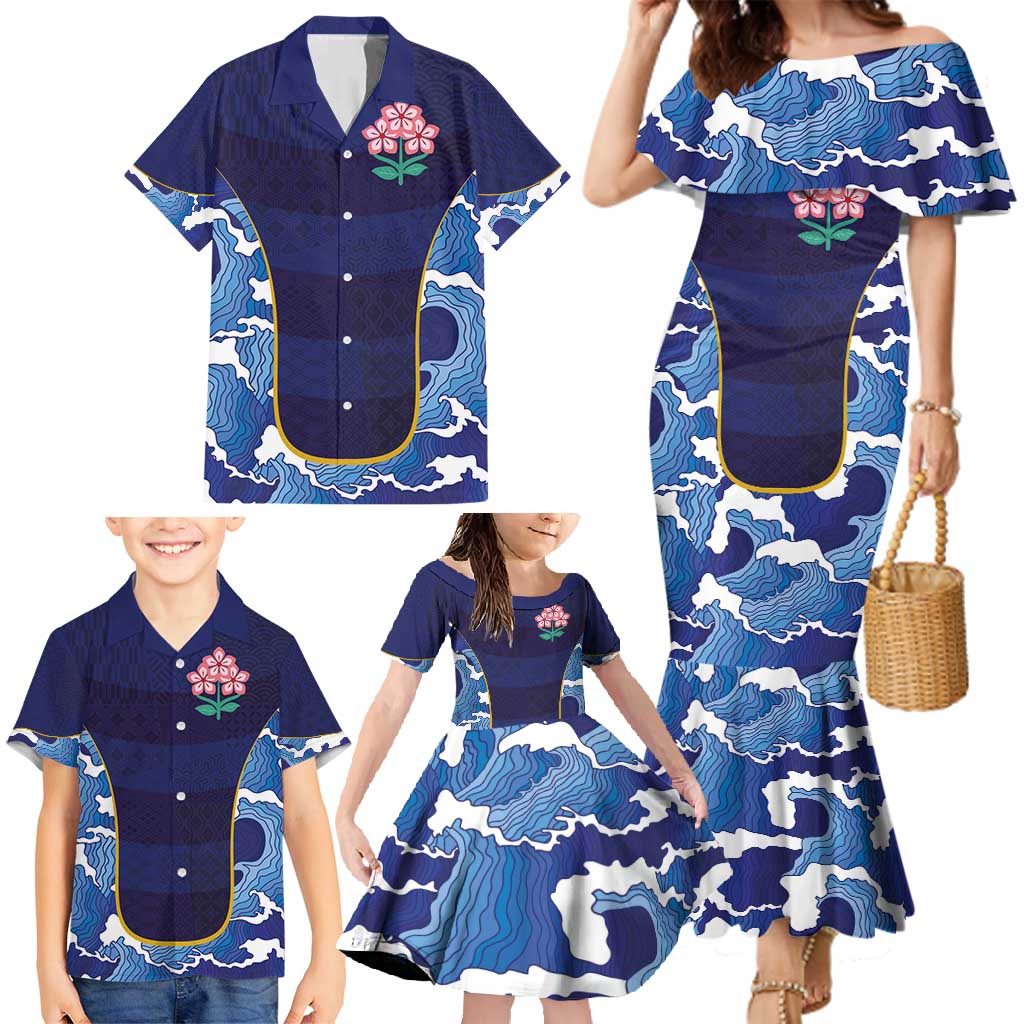 Custom Japan Pacific Rugby 2024 Family Matching Mermaid Dress and Hawaiian Shirt Japanese Traditional Pattern and Sea Waves - Wonder Print Shop
