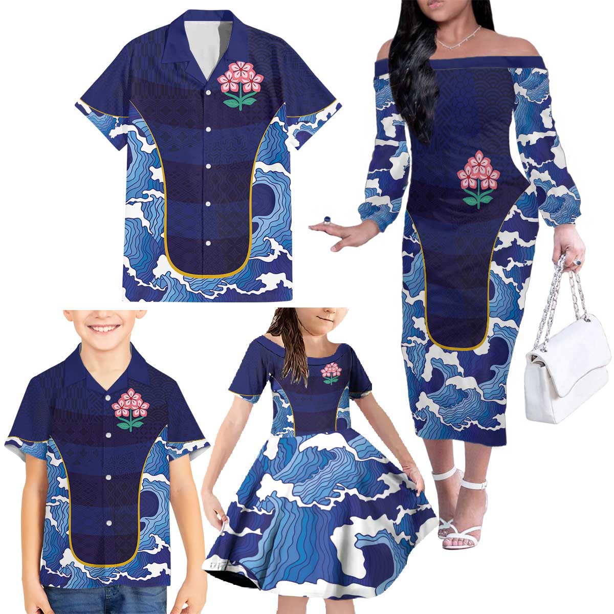 Custom Japan Pacific Rugby 2024 Family Matching Off The Shoulder Long Sleeve Dress and Hawaiian Shirt Japanese Traditional Pattern and Sea Waves - Wonder Print Shop