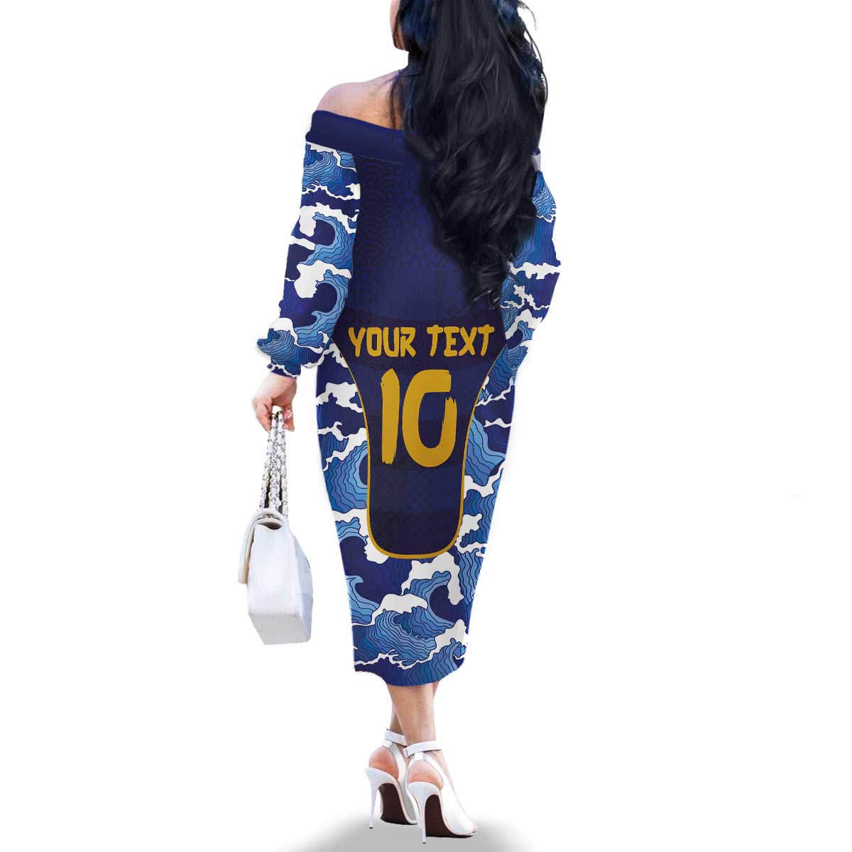 Custom Japan Pacific Rugby 2024 Family Matching Off The Shoulder Long Sleeve Dress and Hawaiian Shirt Japanese Traditional Pattern and Sea Waves - Wonder Print Shop