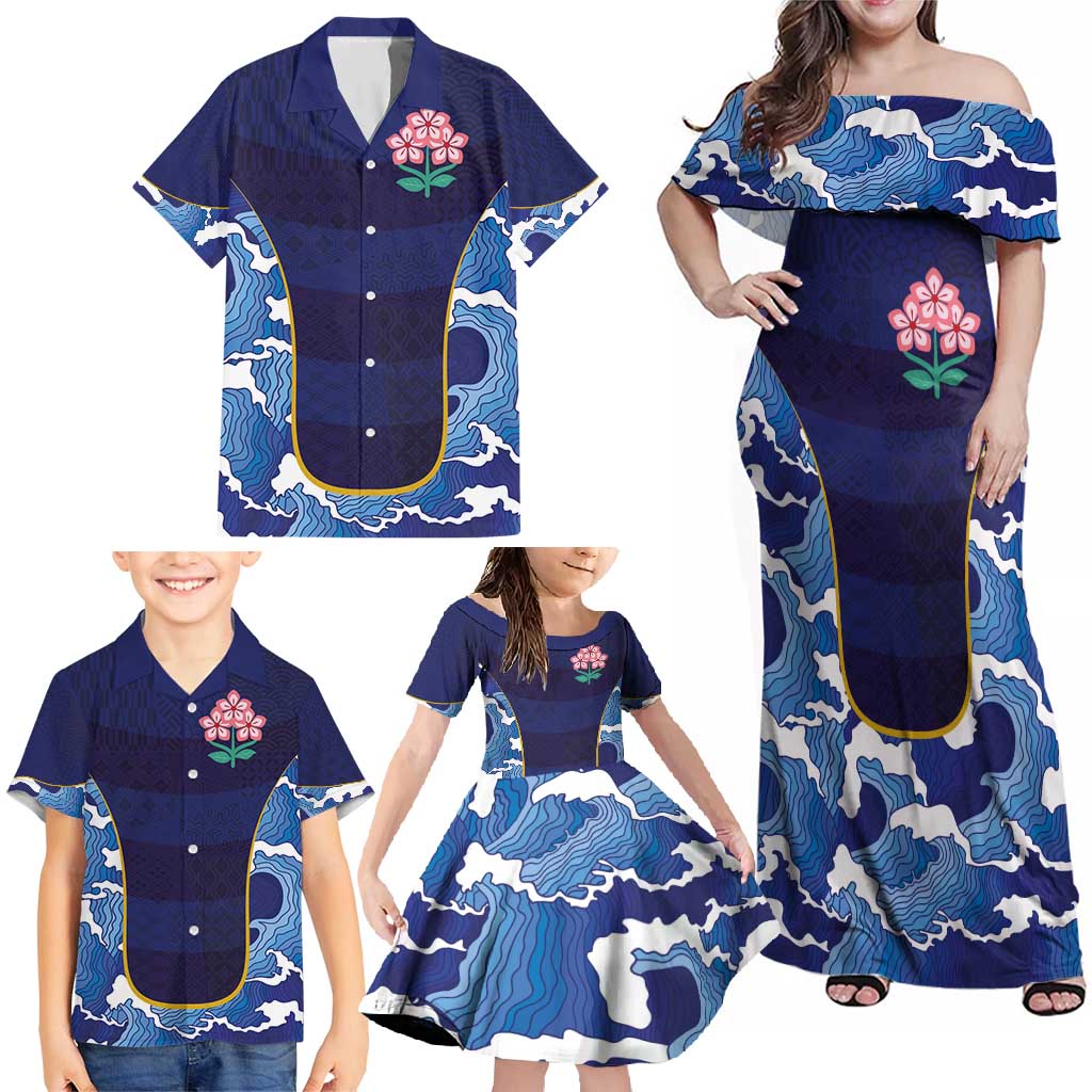 Custom Japan Pacific Rugby 2024 Family Matching Off Shoulder Maxi Dress and Hawaiian Shirt Japanese Traditional Pattern and Sea Waves - Wonder Print Shop