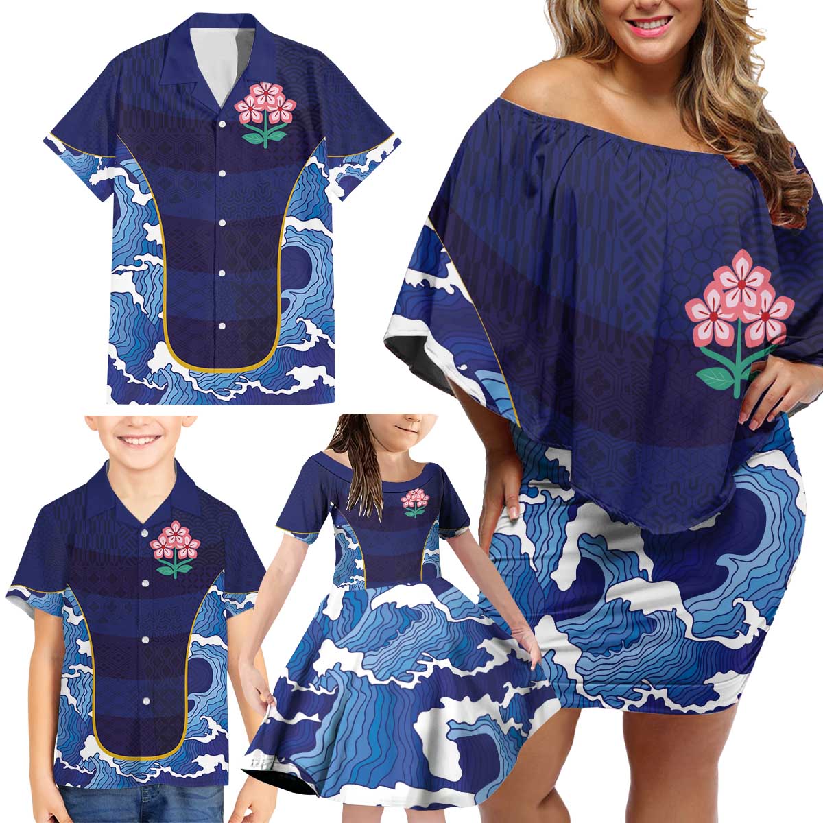 Custom Japan Pacific Rugby 2024 Family Matching Off Shoulder Short Dress and Hawaiian Shirt Japanese Traditional Pattern and Sea Waves - Wonder Print Shop