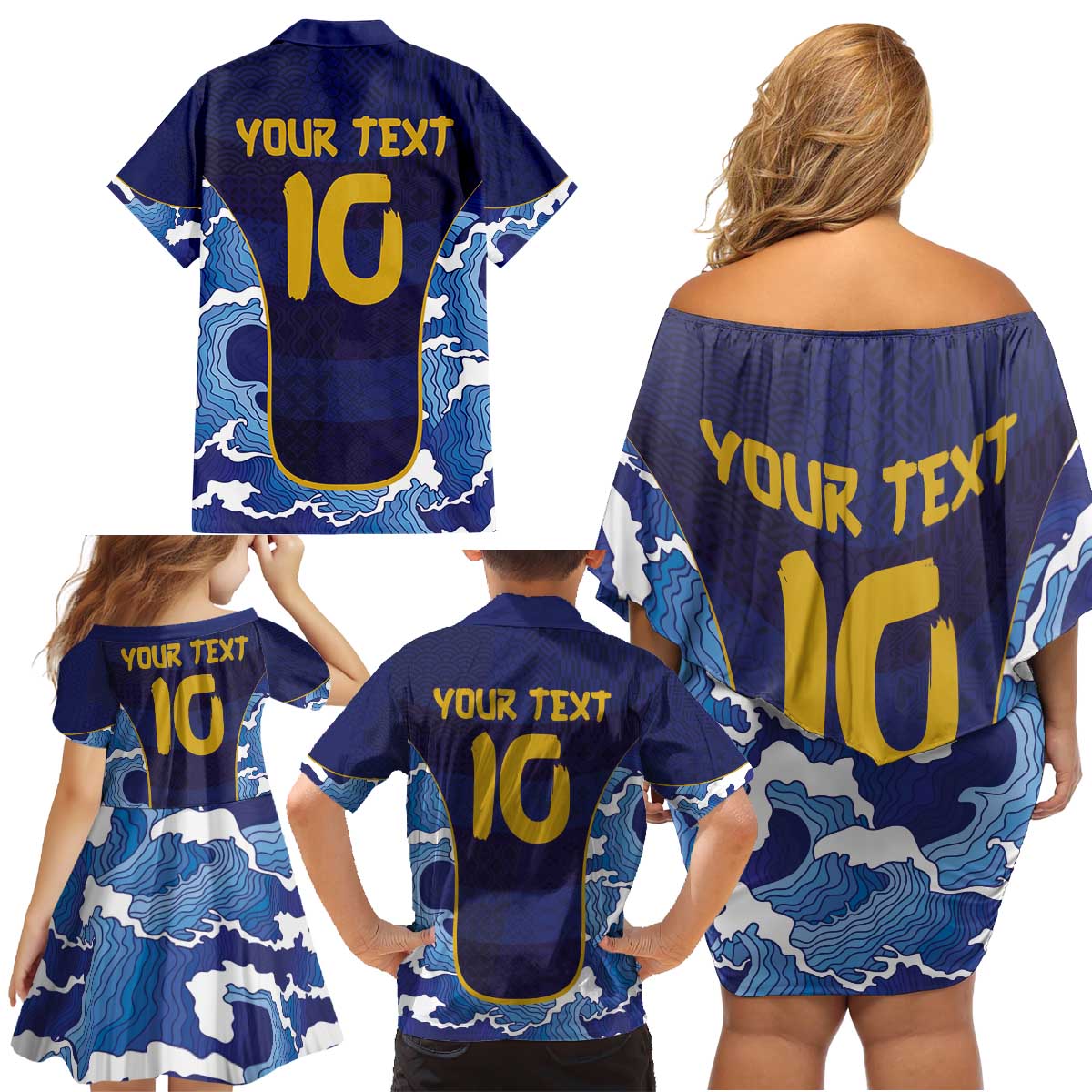 Custom Japan Pacific Rugby 2024 Family Matching Off Shoulder Short Dress and Hawaiian Shirt Japanese Traditional Pattern and Sea Waves - Wonder Print Shop