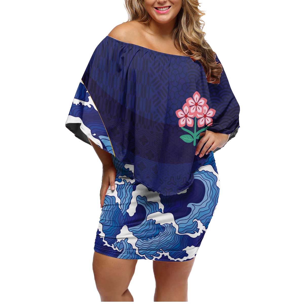 Custom Japan Pacific Rugby 2024 Family Matching Off Shoulder Short Dress and Hawaiian Shirt Japanese Traditional Pattern and Sea Waves - Wonder Print Shop