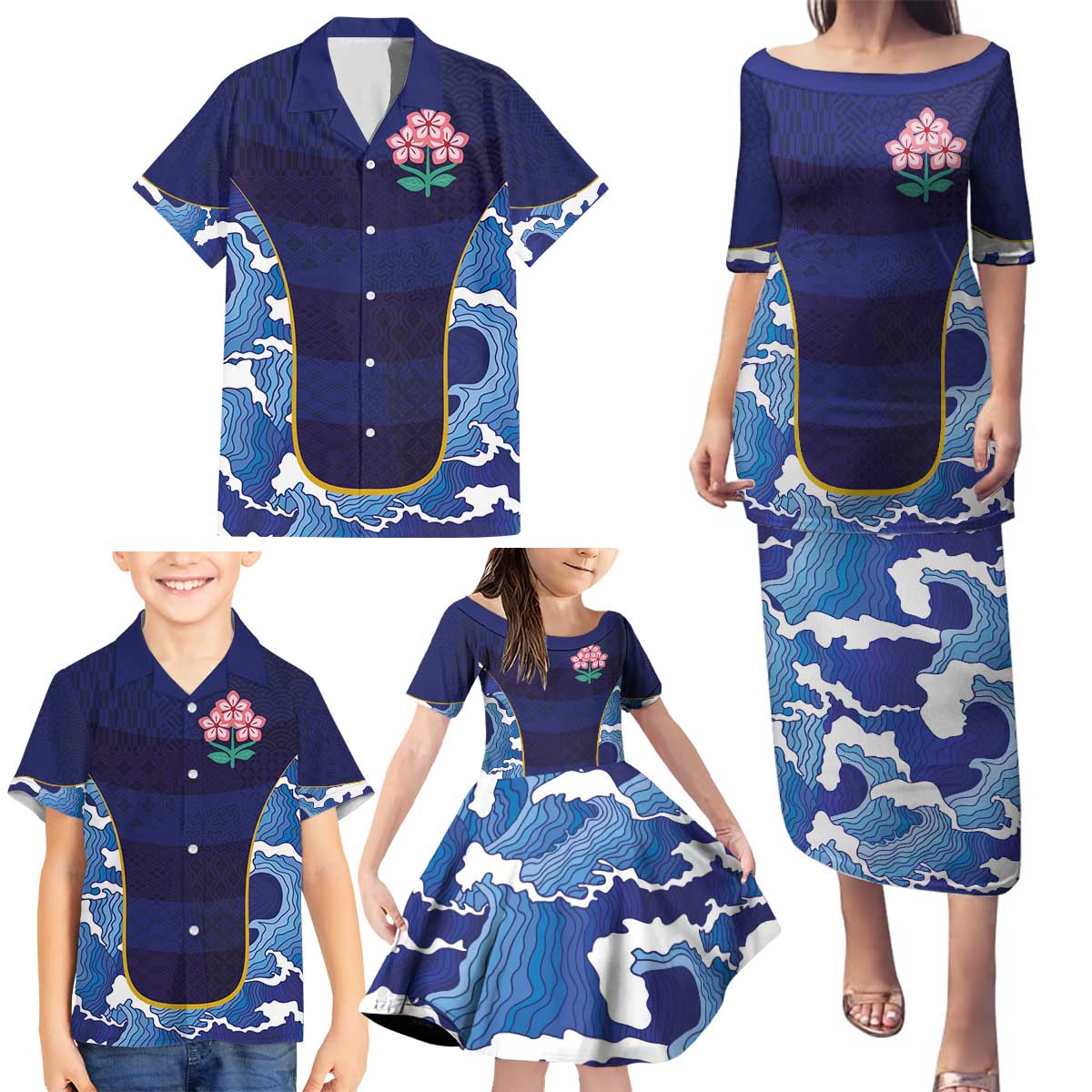 Custom Japan Pacific Rugby 2024 Family Matching Puletasi and Hawaiian Shirt Japanese Traditional Pattern and Sea Waves - Wonder Print Shop