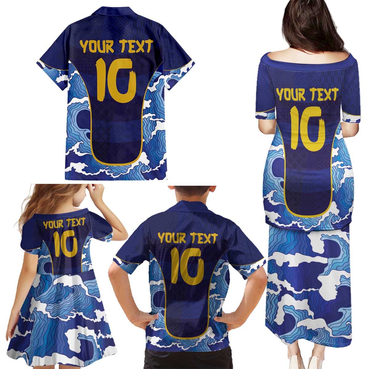 Custom Japan Pacific Rugby 2024 Family Matching Puletasi and Hawaiian Shirt Japanese Traditional Pattern and Sea Waves - Wonder Print Shop