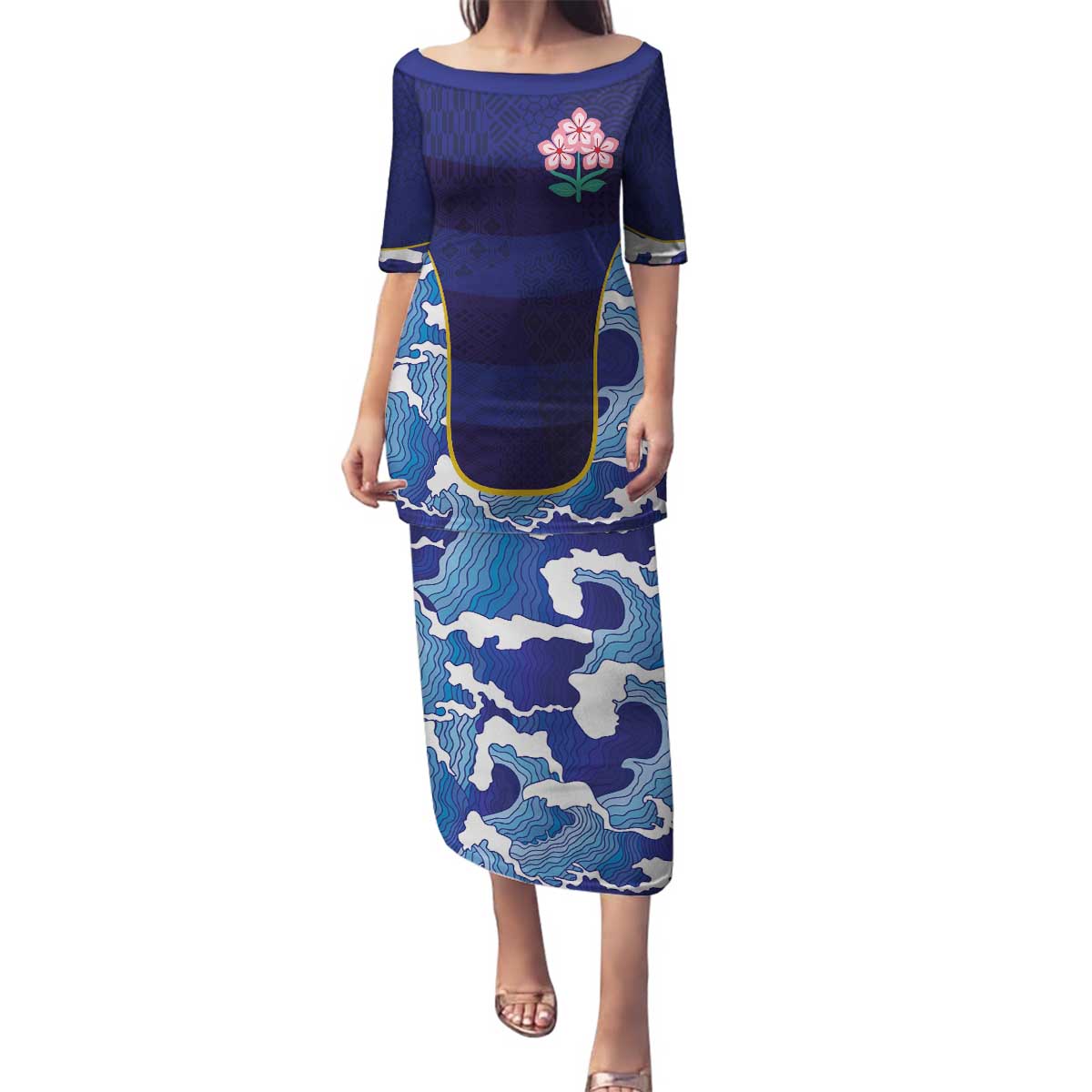 Custom Japan Pacific Rugby 2024 Family Matching Puletasi and Hawaiian Shirt Japanese Traditional Pattern and Sea Waves - Wonder Print Shop