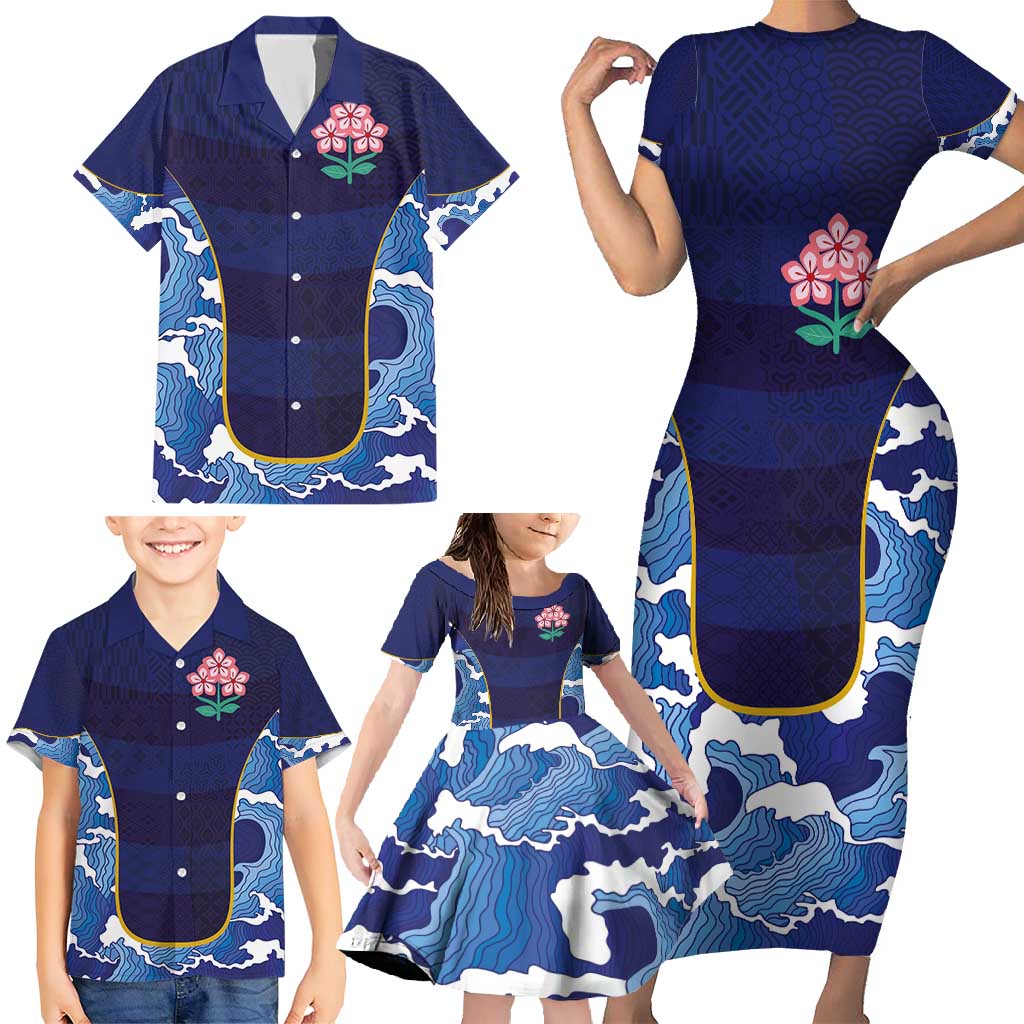Custom Japan Pacific Rugby 2024 Family Matching Short Sleeve Bodycon Dress and Hawaiian Shirt Japanese Traditional Pattern and Sea Waves - Wonder Print Shop