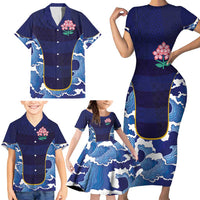 Custom Japan Pacific Rugby 2024 Family Matching Short Sleeve Bodycon Dress and Hawaiian Shirt Japanese Traditional Pattern and Sea Waves - Wonder Print Shop