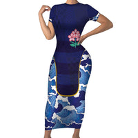 Custom Japan Pacific Rugby 2024 Family Matching Short Sleeve Bodycon Dress and Hawaiian Shirt Japanese Traditional Pattern and Sea Waves - Wonder Print Shop