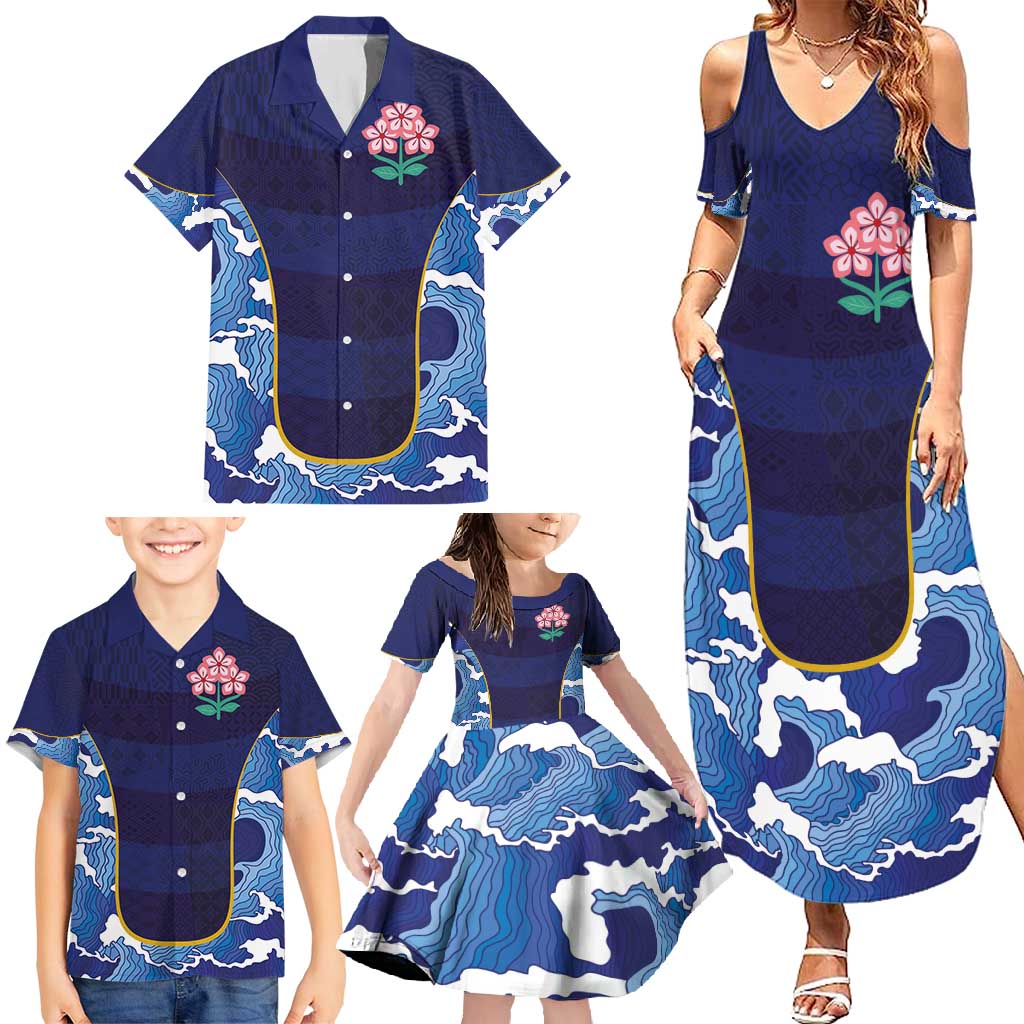 Custom Japan Pacific Rugby 2024 Family Matching Summer Maxi Dress and Hawaiian Shirt Japanese Traditional Pattern and Sea Waves - Wonder Print Shop