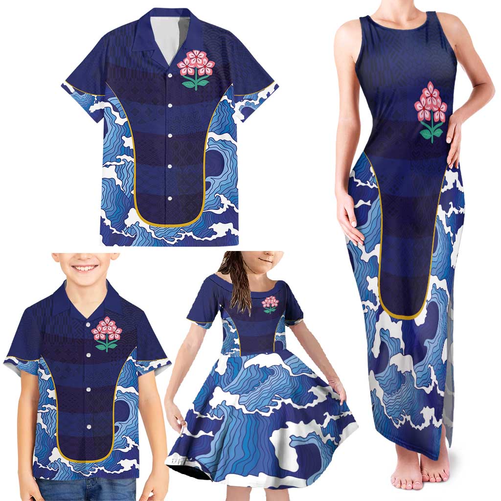 Custom Japan Pacific Rugby 2024 Family Matching Tank Maxi Dress and Hawaiian Shirt Japanese Traditional Pattern and Sea Waves - Wonder Print Shop