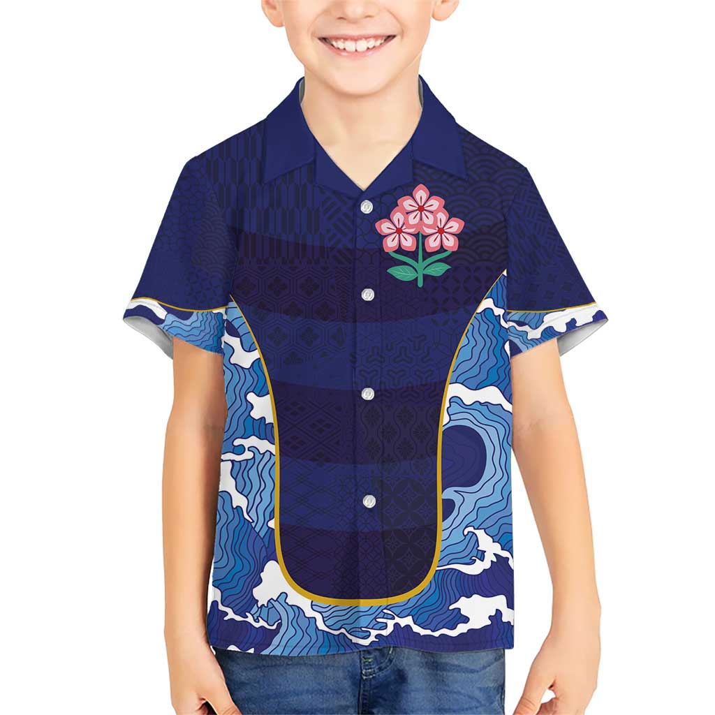 Custom Japan Pacific Rugby 2024 Kid Hawaiian Shirt Japanese Traditional Pattern and Sea Waves - Wonder Print Shop