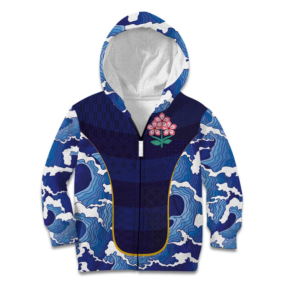 Custom Japan Pacific Rugby 2024 Kid Hoodie Japanese Traditional Pattern and Sea Waves - Wonder Print Shop