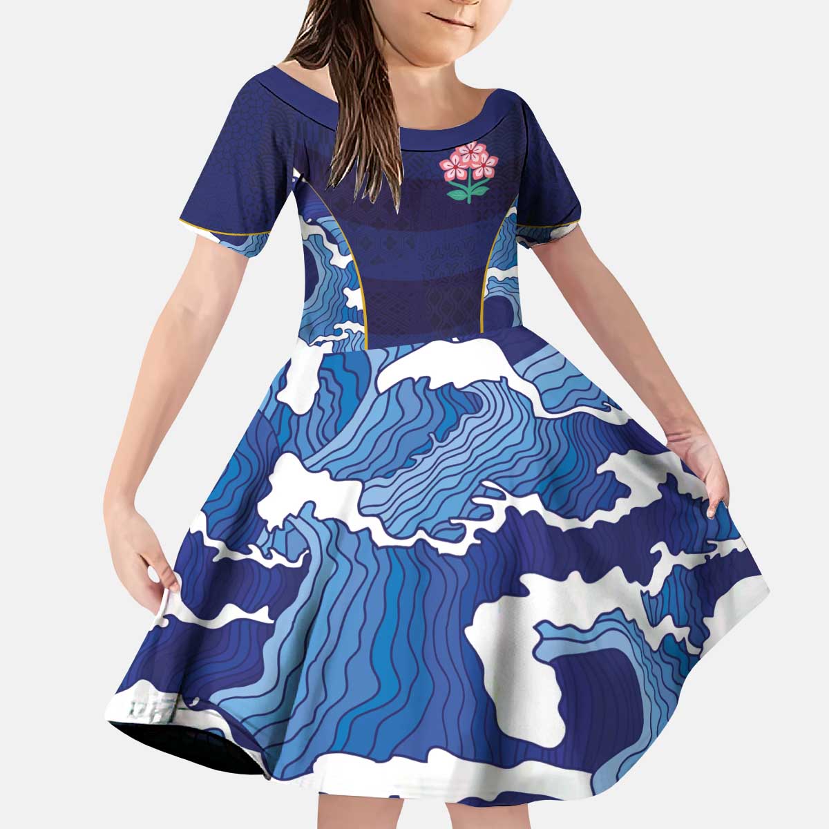 Custom Japan Pacific Rugby 2024 Kid Short Sleeve Dress Japanese Traditional Pattern and Sea Waves - Wonder Print Shop