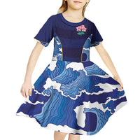 Custom Japan Pacific Rugby 2024 Kid Short Sleeve Dress Japanese Traditional Pattern and Sea Waves - Wonder Print Shop