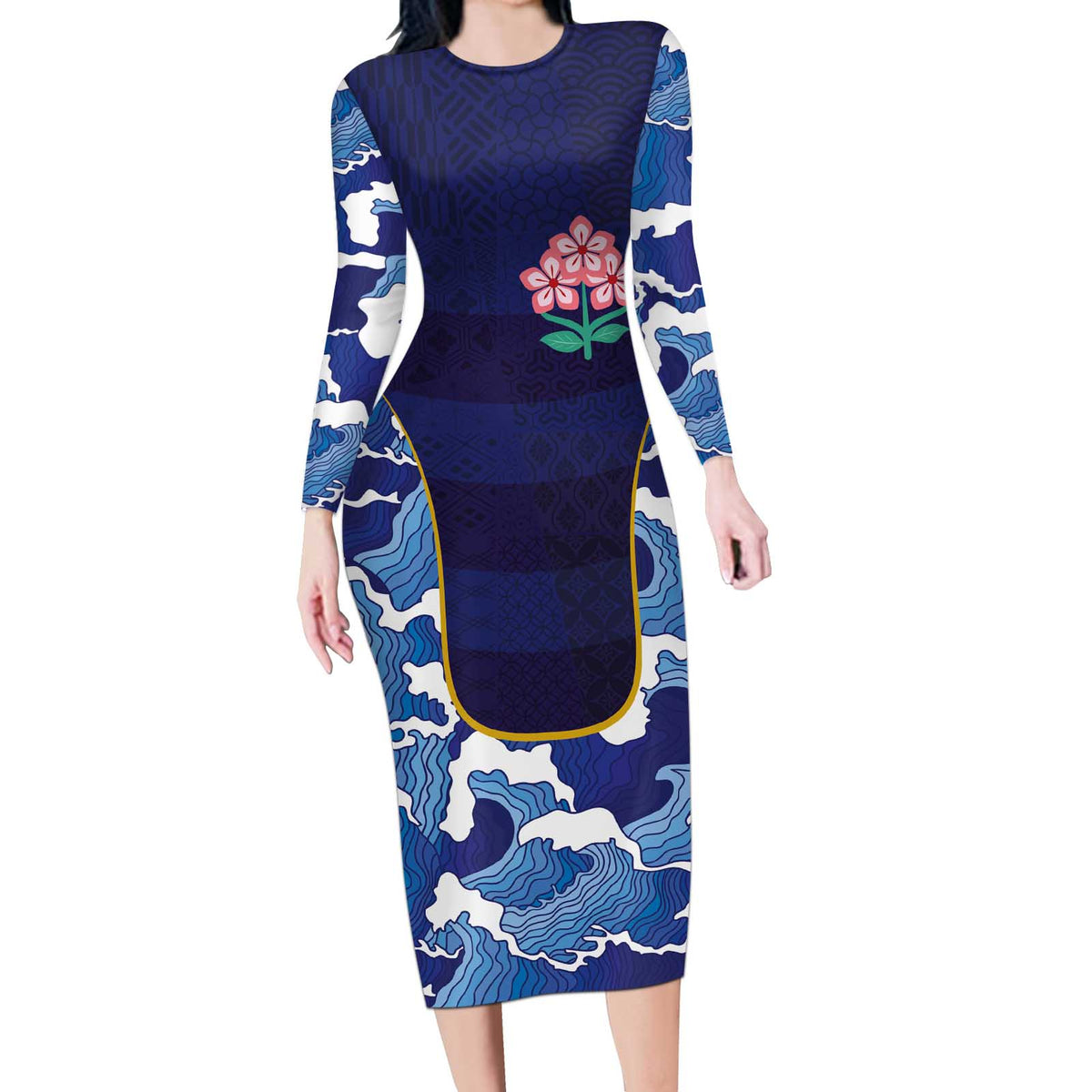 Custom Japan Pacific Rugby 2024 Long Sleeve Bodycon Dress Japanese Traditional Pattern and Sea Waves - Wonder Print Shop