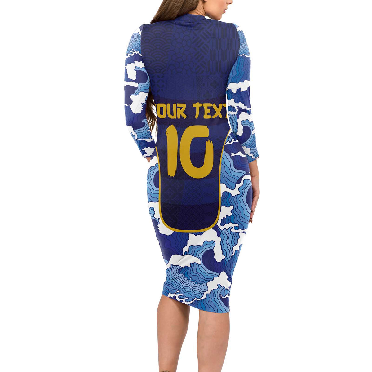 Custom Japan Pacific Rugby 2024 Long Sleeve Bodycon Dress Japanese Traditional Pattern and Sea Waves - Wonder Print Shop