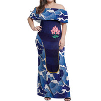 Custom Japan Pacific Rugby 2024 Off Shoulder Maxi Dress Japanese Traditional Pattern and Sea Waves - Wonder Print Shop