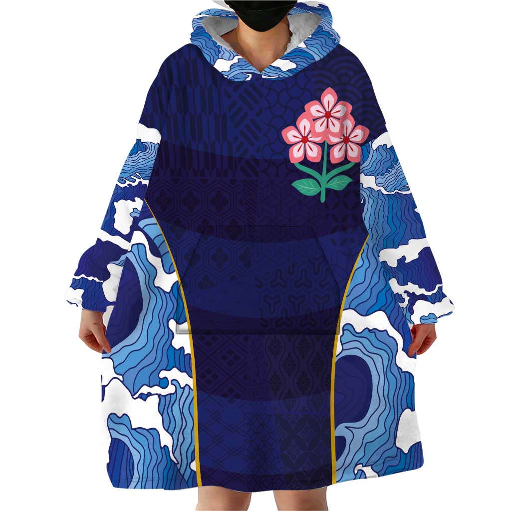 Custom Japan Pacific Rugby 2024 Wearable Blanket Hoodie Japanese Traditional Pattern and Sea Waves - Wonder Print Shop