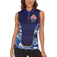 Custom Japan Pacific Rugby 2024 Women Sleeveless Polo Shirt Japanese Traditional Pattern and Sea Waves - Wonder Print Shop
