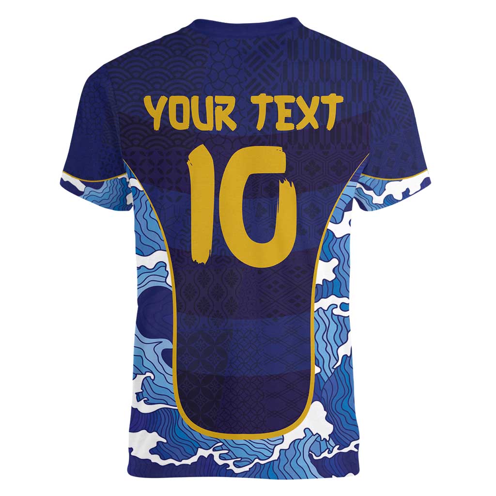 Custom Japan Pacific Rugby 2024 Women V-Neck T-Shirt Japanese Traditional Pattern and Sea Waves - Wonder Print Shop