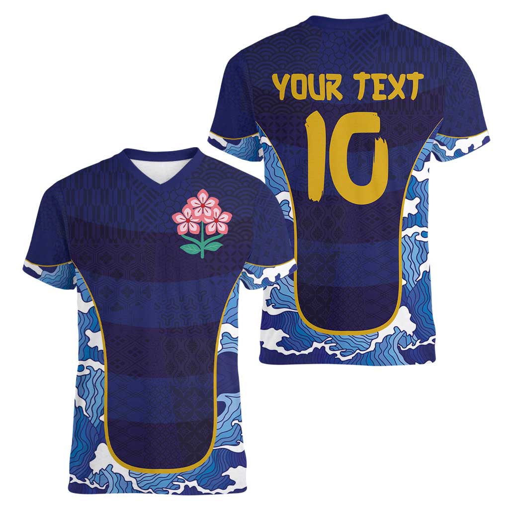 Custom Japan Pacific Rugby 2024 Women V-Neck T-Shirt Japanese Traditional Pattern and Sea Waves - Wonder Print Shop