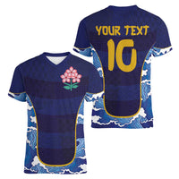 Custom Japan Pacific Rugby 2024 Women V-Neck T-Shirt Japanese Traditional Pattern and Sea Waves - Wonder Print Shop